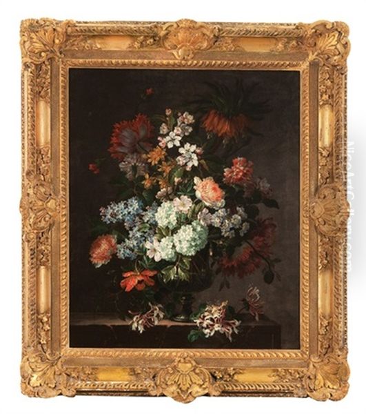 Still Life With Mixed Flowers In A Vase On A Ledge Oil Painting by Jean-Baptiste Monnoyer