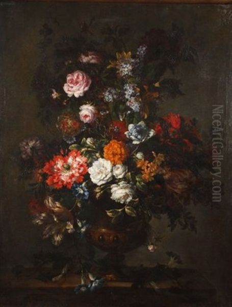 Vasque De Fleurs Sur Un Entablement Oil Painting by Jean-Baptiste Monnoyer