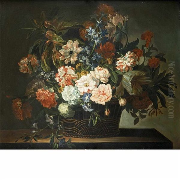 Still Life With Dahlias, Tulips, Carnations And Honeysuckle In A Basket Oil Painting by Jean-Baptiste Monnoyer