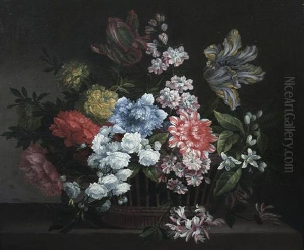 Still Life Of Flowers In A Basket, Including Jasmine, Honeysuckle, Dhalias, Parrot Tulips, Delphiniums, White Carnations And Paeonies Oil Painting by Jean-Baptiste Monnoyer