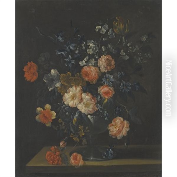 A Still Life With Carnations, Roses And Other Flowers In A Glass Vase Over A Stone Ledge Oil Painting by Jean-Baptiste Monnoyer