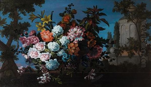 Chrysanthemums, Lilies, Honeysuckle And Other Flowers In A Wicker Basket, On A Stone Ledge Before A Park Landscape Oil Painting by Jean-Baptiste Monnoyer