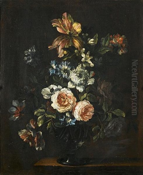 Roses, Tulips, Chrysanthemums And Other Flowers In A Glass Vase Oil Painting by Jean-Baptiste Monnoyer