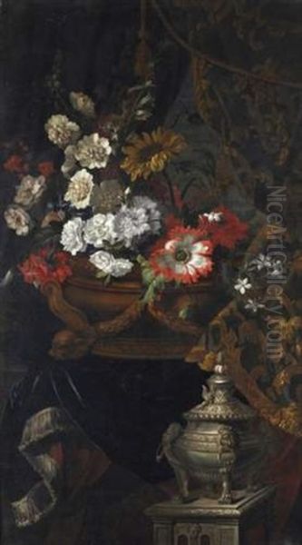 Nature Morte Au Vase De Fleurs Et Vase D'orfevrerie Oil Painting by Jean-Baptiste Monnoyer