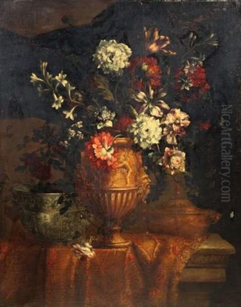 Nature Morte Au Bouquet De Fleurs Dans Un Vase Antique, Vase En Porcelaine De Chine Et Pot A Huile Oil Painting by Jean-Baptiste Monnoyer