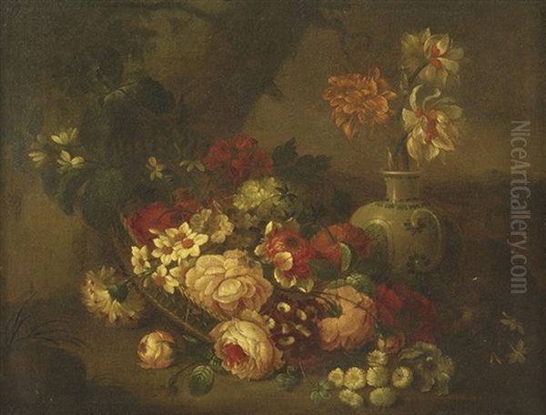 Garden Roses In A Blue Vase Oil Painting by Jean-Baptiste Monnoyer