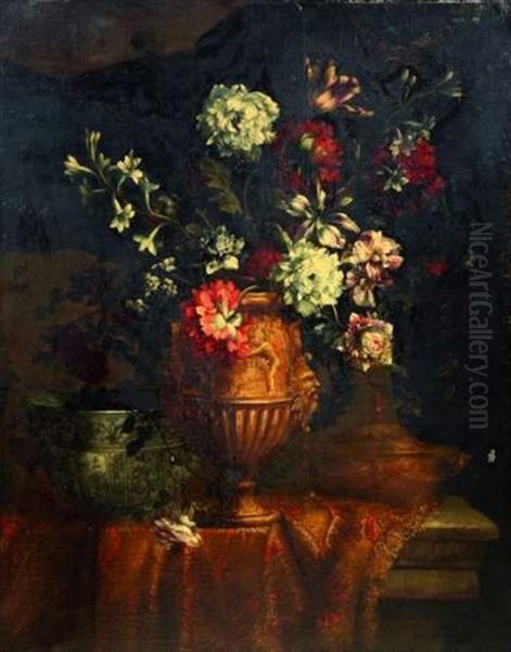 Nature Morte Au Bouquet De Fleurs Dans Un Vase Antique, Vase En Porcelaine De Chine Et Pot A Huile Oil Painting by Jean-Baptiste Monnoyer