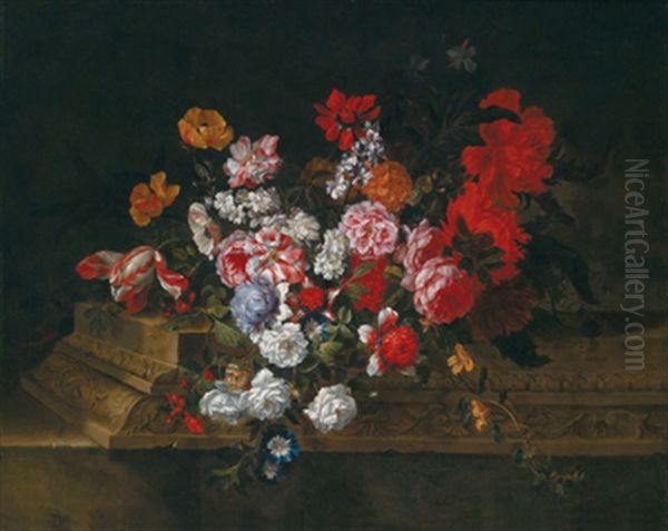 Ein Blumenstillleben Auf Skulptiertem Sockel Oil Painting by Jean-Baptiste Monnoyer