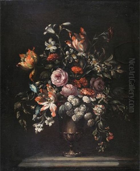 Still Lives Of Flowers In Silver Urns (a Pair; 2 Works) Oil Painting by Jean-Baptiste Monnoyer