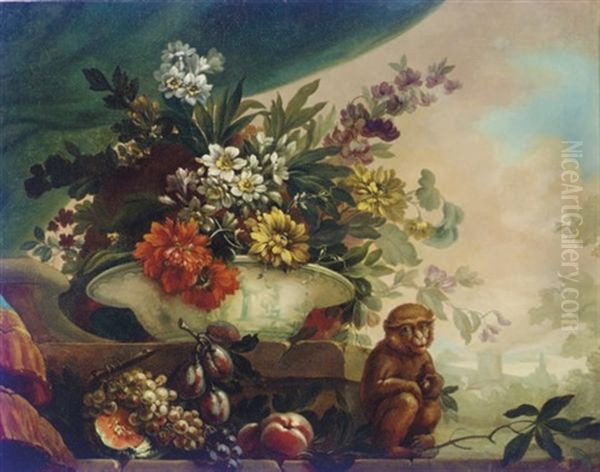 Flowers In A Porcelain Bowl, A Melon, Grapes And Other Fruit On A Ledge Oil Painting by Jean-Baptiste Monnoyer