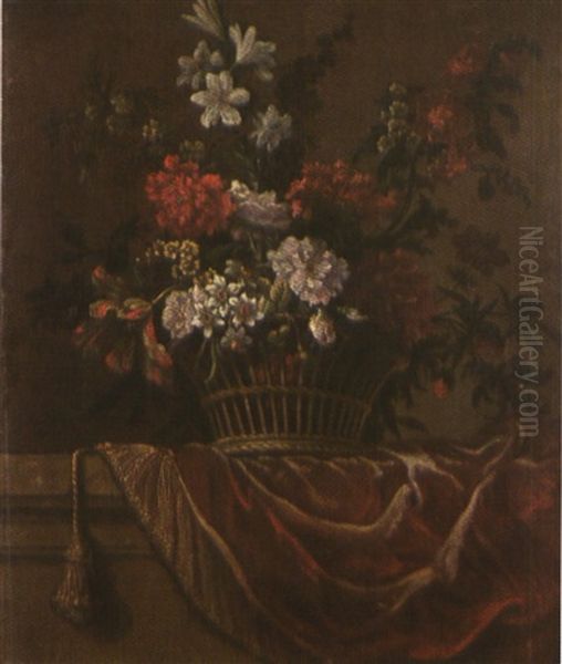 Nature Morte A La Corbeille De Fleurs Sur Un Entablement Oil Painting by Jean-Baptiste Monnoyer