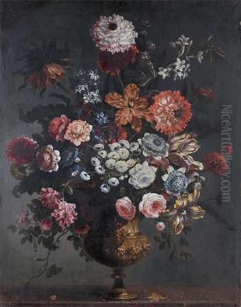 Bouquet De Fleurs Dans Un Vase De Bronze Dore Sur Un Entablement De Porphyre Oil Painting by Jean-Baptiste Monnoyer