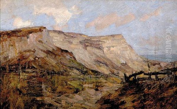 Two Works Rocky Cliffs Oil Painting by Franz Biberstein