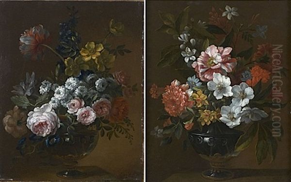 Bouquets De Fleurs Sur Un Entablement (pair) Oil Painting by Jean-Baptiste Monnoyer