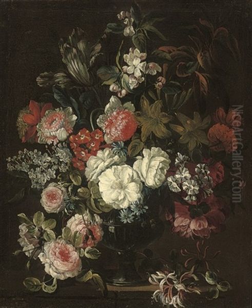 Roses, Chrysanthemums, An Iris, Dianthus And Other Flowers In An Urn Oil Painting by Jean-Baptiste Monnoyer