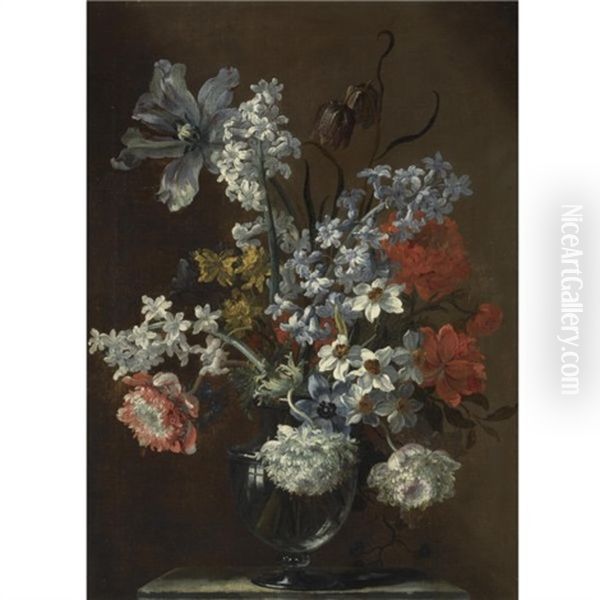 A Still Life With A Tulip, Hyacinths, Daffodils, Snake's Head Fritillary, Opium Poppies And Other Flowers In A Glass Vase On A Stone Ledge Oil Painting by Jean-Baptiste Monnoyer