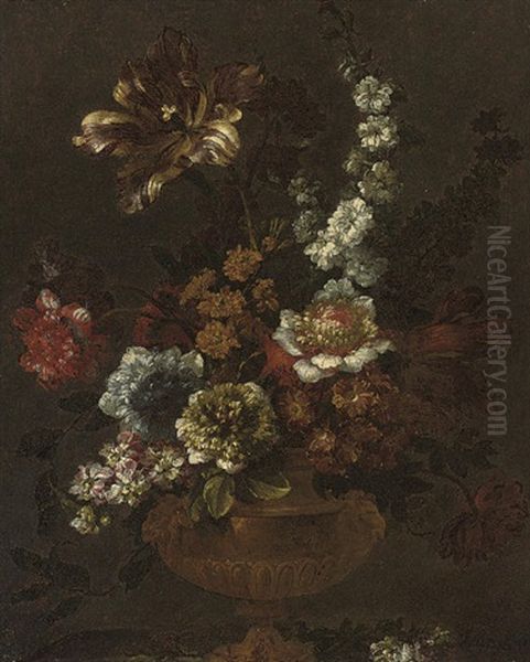 A Parrot Tulip, Chrysanthemums, Stock, Primula, And Other Flowers In A Sculpted Urn On A Ledge Oil Painting by Jean-Baptiste Monnoyer