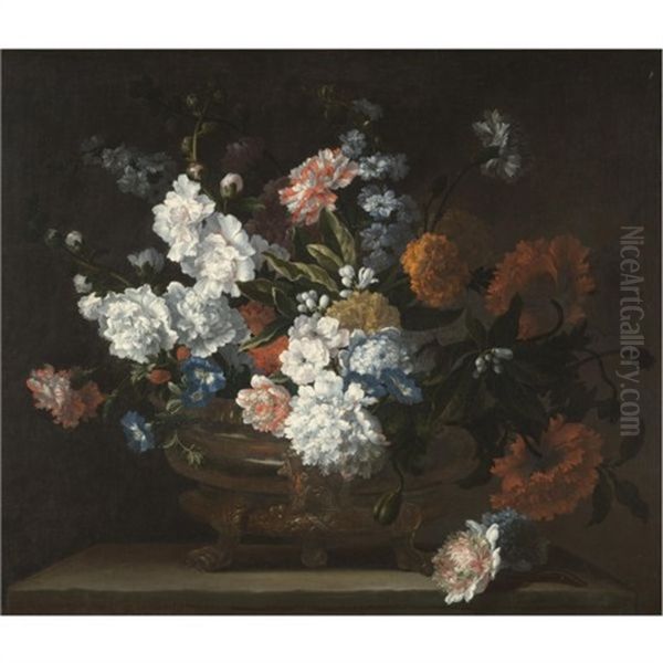 A Still Life Of Flowers Including Peonies, Carnations, Poppies And Auriculae In A Bronze Urn On A Stone Ledge Oil Painting by Jean-Baptiste Monnoyer