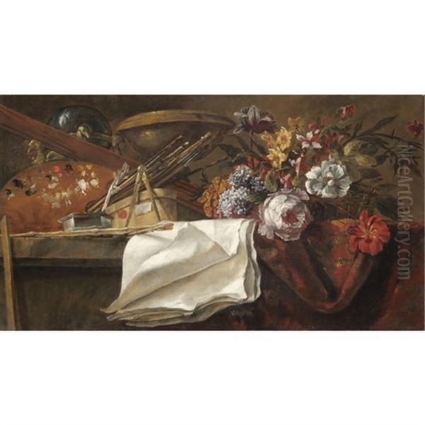 Still Life With Artist's Materials, Including A Used Palette And A Series Of Brushes, Together With A Small Basket Of Flowers On A Table Top Oil Painting by Jean-Baptiste Monnoyer