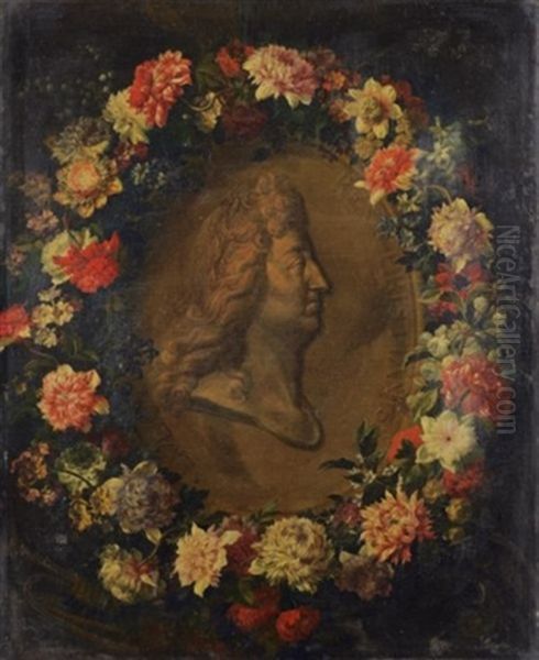 Guirlande De Fleurs Avec Anemones Entourant Le Portrait De Louis Xiv En Medaillon Oil Painting by Jean-Baptiste Monnoyer