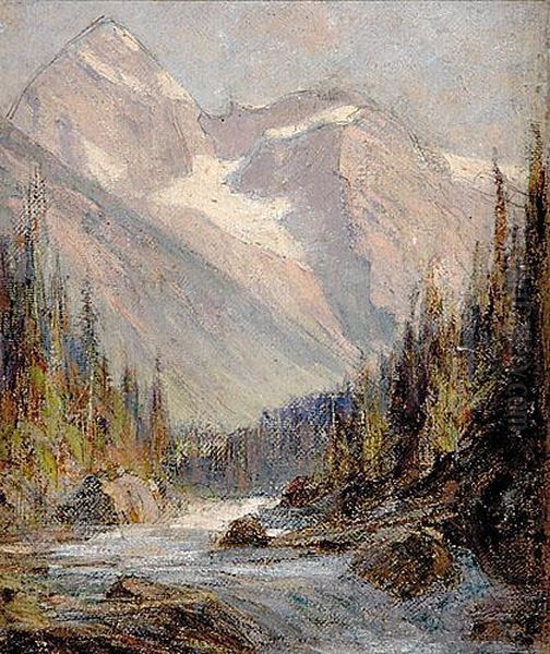 Pair Works Snow Capped Mountains Above River Oil Painting by Franz Biberstein