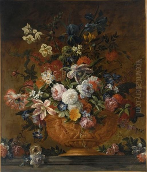 A Still Life With Roses, Tulips, Irisses, Poppy Anemones, Auricula, Hyacinths And Other Flowers, All In A Terracotta Sculpted Vase, On A Stone Ledge Oil Painting by Jean-Baptiste Monnoyer