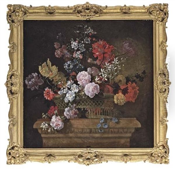 Roses, Convolvulus, Spider Lilies, Parrot Tulips, A Peony And Other Flowers In A Basket On A Pedestal Oil Painting by Jean-Baptiste Monnoyer