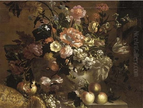 Carnations, Roses, A Tulip And Other Flowers In A Stone Sculpted Pot With Peaches On A Stone Ledge, By A Curtain Oil Painting by Jean-Baptiste Monnoyer