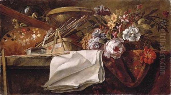 A Basket Of Flowers, A Terracotta Bowl, A Palette, Paint Brushes And Sheets Of Paper Oil Painting by Jean-Baptiste Monnoyer