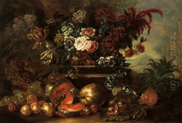 Stillleben Mit Blumen In Einer Vergoldeten Prunkvase Auf Einer Steinernen Treppe Und Pfirsichen, Feigen Und Melonen In Einer Landschaft Oil Painting by Jean-Baptiste Monnoyer