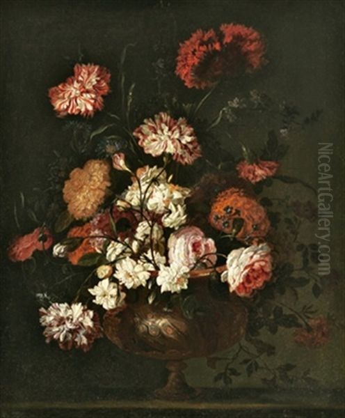 Blumenstraus Mit Rosen, Nelken Und Anderen Bluten In Einer Oriental Verzierten Prunkvase Oil Painting by Jean-Baptiste Monnoyer