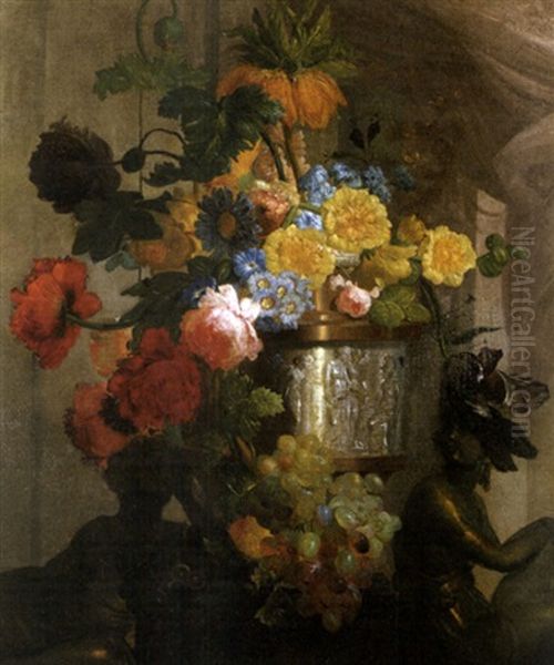 A Bouquet Of Summer Flowers, Rose, Peonies, Tulips, And Others In A Sculpted Silver And Brass Vase Oil Painting by Jean-Baptiste Monnoyer