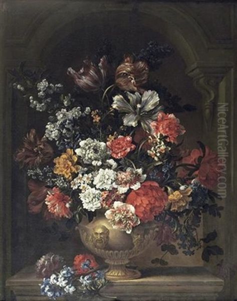 Bouquet De Fleurs Dans Une Niche Sculptee Oil Painting by Jean-Baptiste Monnoyer