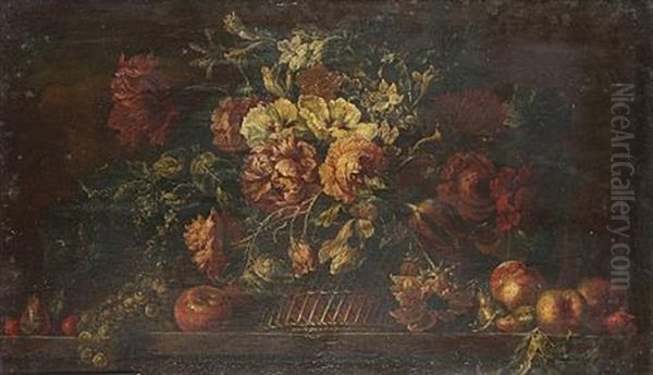 Roses, Tulips, Peonies And Other Flowers In A Basket With Peaches On A Table-top Oil Painting by Jean-Baptiste Monnoyer