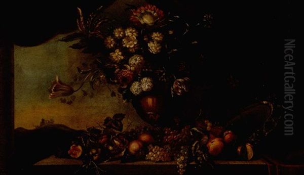 A Vase Of Flowers, A Silver-gilt Charger And Fruit On A Stone Railing Oil Painting by Jean-Baptiste Monnoyer