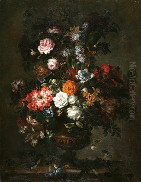 Vasque De Fleurs Sur Un Entablement Oil Painting by Jean-Baptiste Monnoyer