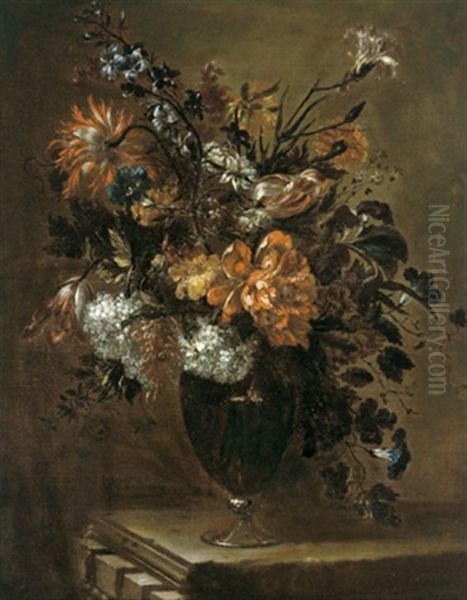 Ein Blumenstraus Mit Schneeballen, Nelken, Pfingstrose, Wicken Und Anderen Bluten In Einer Glasernen Vase Oil Painting by Jean-Baptiste Monnoyer