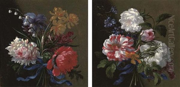 Narcissi, Chrysanthemums And Lily Of The Valley Tied In A Bunch With A Blue Ribbon (+ Roses And Delphinium Tied In A Bunch With A Blue Ribbon; Pair) Oil Painting by Jean-Baptiste Monnoyer