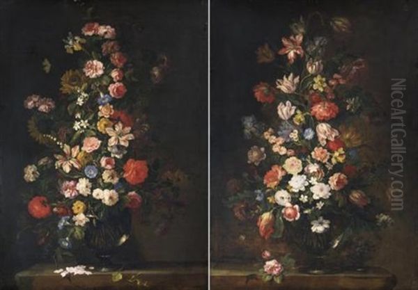 Nature Morte Con Vaso Di Fiori (pair) Oil Painting by Jean-Baptiste Monnoyer