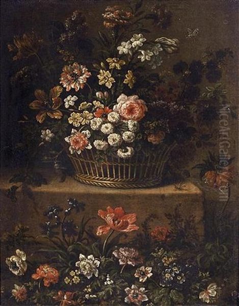 Roses, Daffodils, Tulips And Other Flowers In A Basket On A Stone Ledge, Together With Tulips, Anemones, Hyacinths And Other Flowers Below Oil Painting by Jean-Baptiste Monnoyer