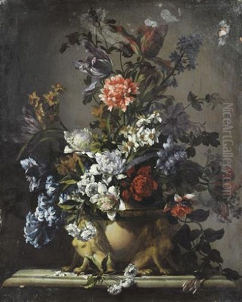 Bouquets De Fleurs Dans Des Vases Ornes Sur Des Entablements (pair) Oil Painting by Jean-Baptiste Monnoyer