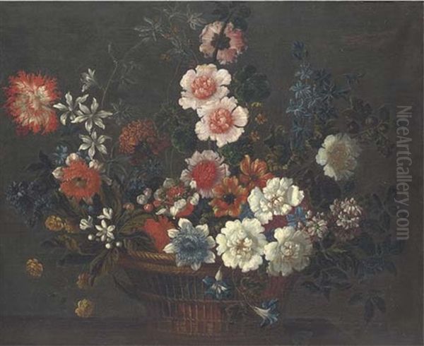 Flowers In A Wicker Basket On A Ledge Oil Painting by Jean-Baptiste Monnoyer