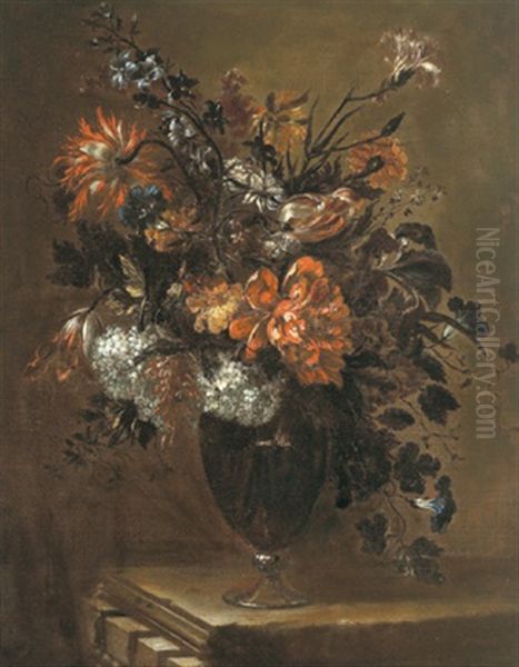 Ein Blumenstraus Mit Schneeballen, Nelken, Pfingstrose, Wicken Und Anderen Bluten In Einer Glasernen Vase Oil Painting by Jean-Baptiste Monnoyer