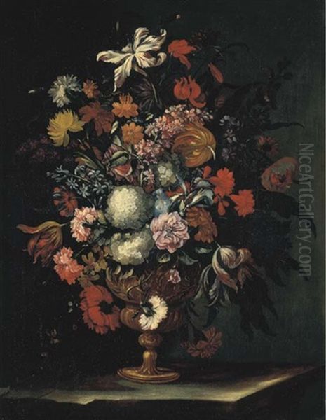 Rose, Tulipani, Boules De Neige, Giacinti, Garofani, Gigli E Altri Fiori In Un Vaso, Su Un Piano Di Pietra Oil Painting by Jean-Baptiste Monnoyer