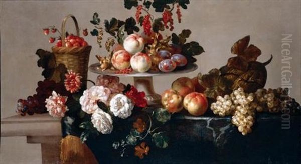 A Still Life Of Peaches, Plums, Currants And Hazelnuts On A Silver Platter, Strawberries In A Basket, Together With Grapes, Apples, A Melon, Peonies And Zinneas On A Stone Table by Jean-Baptiste Monnoyer