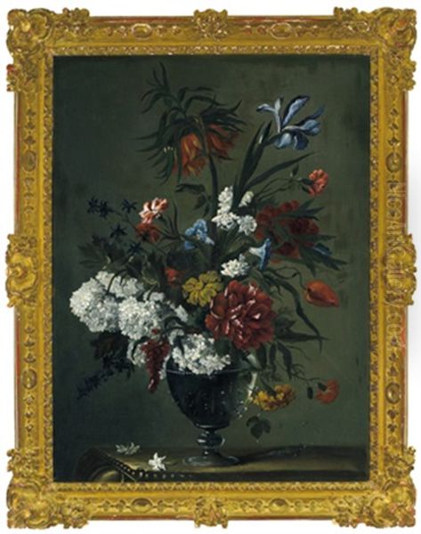 Ein Blumenstraus Mit Schneeballen, Nelken, Wicken, Pfingstrosen, Iris, Kaiserkrone Und Anderen Bluten In Einer Glasernen Vase Oil Painting by Jean-Baptiste Monnoyer