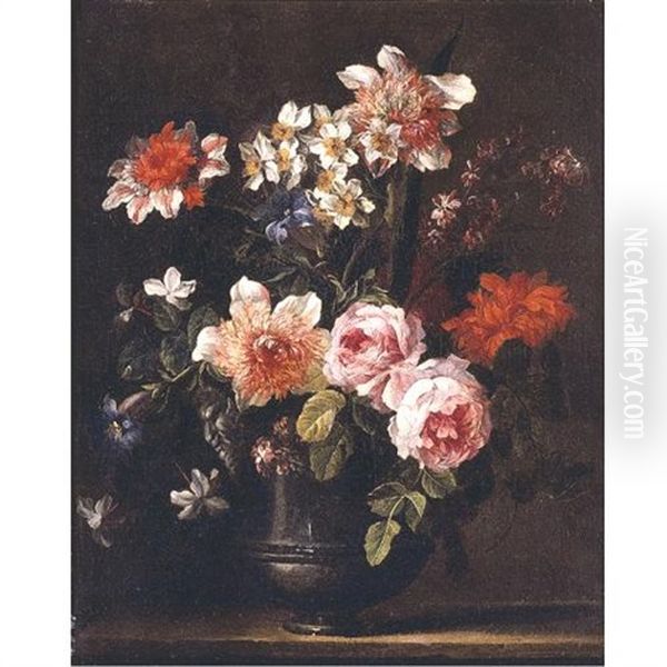 Still Life Of Roses, Carnations, Chrysanthemums, Carcissi, Morning Glory And Other Flowers In A Pewter Urn Resting On A Ledge Oil Painting by Jean-Baptiste Monnoyer