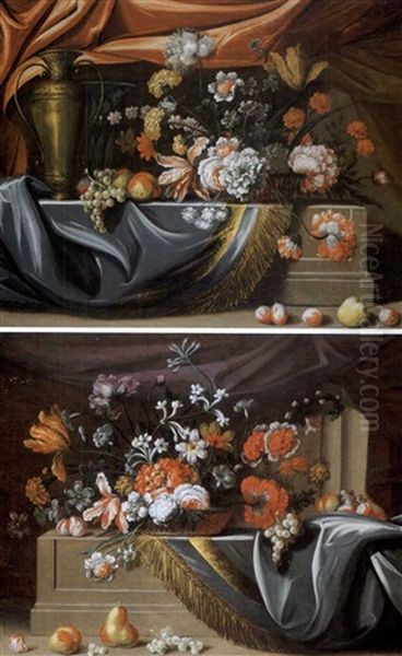 Fleurs Et Fruits Sur Des Entablements De Marbre Drapes (pair) Oil Painting by Jean-Baptiste Monnoyer