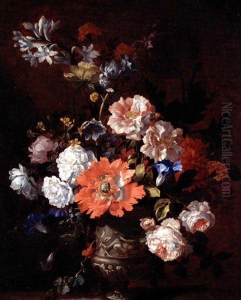 A Still Life Of Summer Flowers Including Roses, Poppies, Peonies And Convolvulus All In A Sculpted Vase Oil Painting by Jean-Baptiste Monnoyer