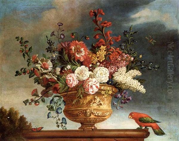 Summer Flowers In A Vase On A Plinth, With A Parrot And Butterfly To The Side (+ Another Similar; Pair) Oil Painting by Jean-Baptiste Monnoyer